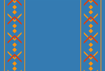 solid blue background with red and orange Native American inspired patterns down the side.