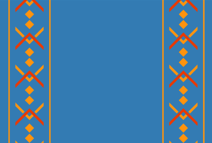 solid blue background with red and orange Native American inspired patterns down the side.