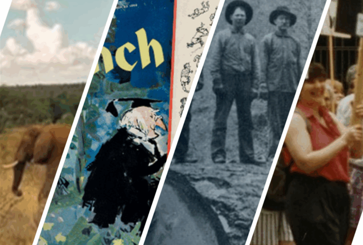 photo collage of website banners featured on various collections from Gale. Photos include an elephant, a Punch Magazine cover, two men standing on top of a stump and a woman carrying a protest sign.