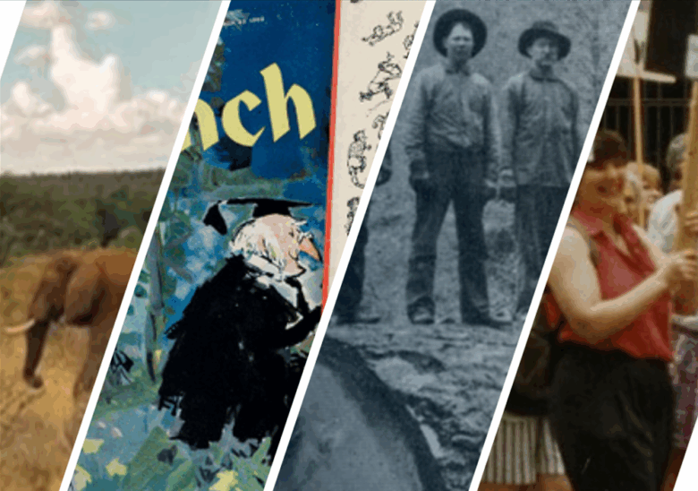 photo collage of website banners featured on various collections from Gale. Photos include an elephant, a Punch Magazine cover, two men standing on top of a stump and a woman carrying a protest sign.