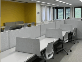 photo of the Graduate Study Lounge featuring individual study carrels with office chairs.