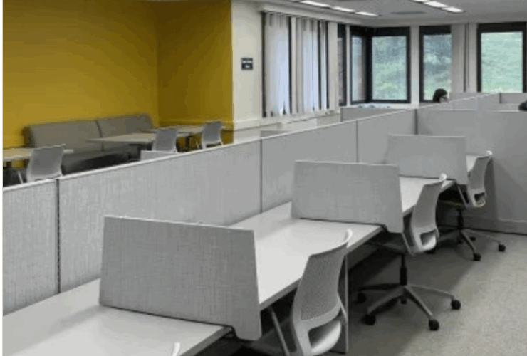 photo of the Graduate Study Lounge featuring individual study carrels with office chairs.
