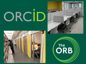 four images including the ORCID and The ORB Logos, the study carrels and Graduate study lounge.