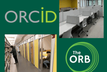 four images including the ORCID and The ORB Logos, the study carrels and Graduate study lounge.