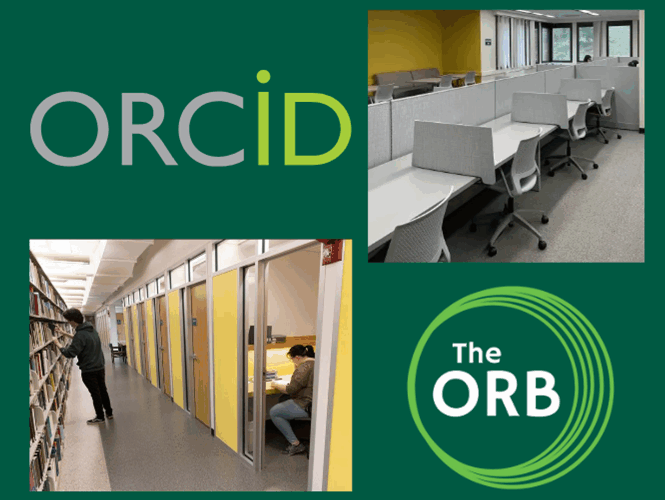 four images including the ORCID and The ORB Logos, the study carrels and Graduate study lounge.
