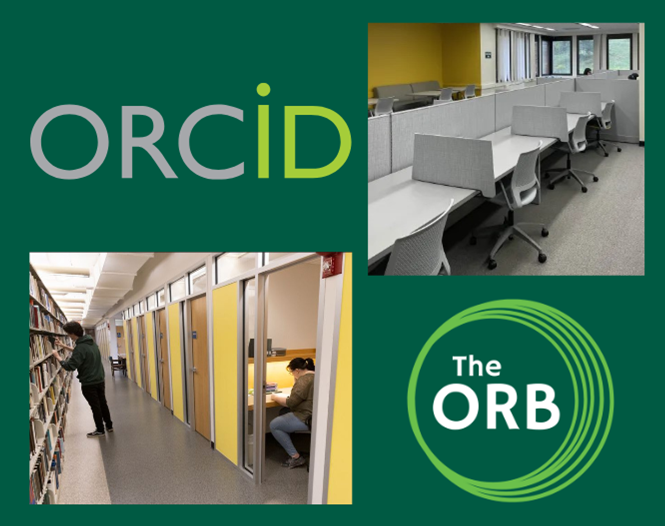 four images including the ORCID and The ORB Logos, the study carrels and Graduate study lounge.