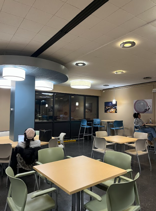 Photo of the South Study Lounge with some students studying in the various seats.