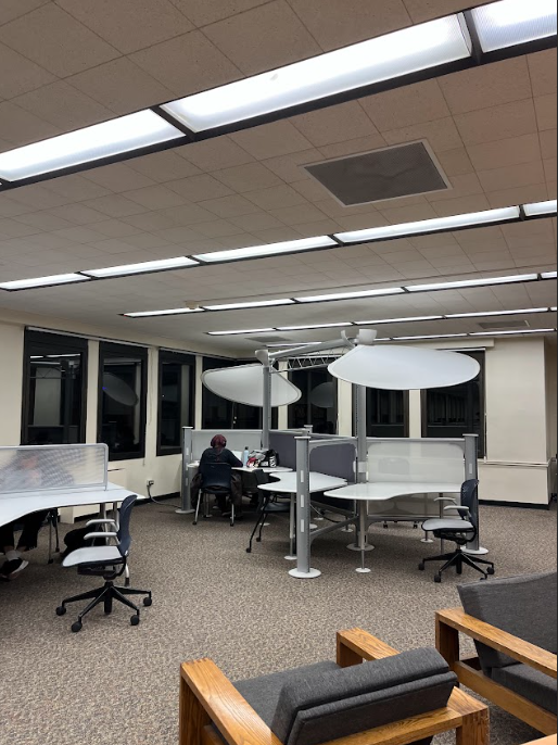 A photo of the East Reading Room featuring cubical and lounge seating.