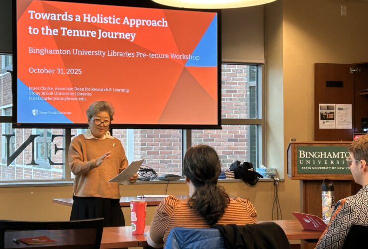 Janet Clarke, associate dean of research and engagement at Stony Brook University Libraries, gives a presentation to pre-tenure library faculty at the Binghamton University Alumni Center.