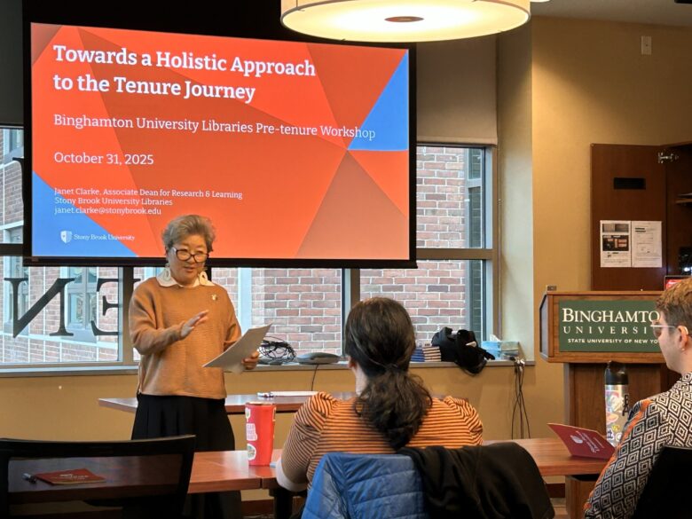 Janet Clarke, associate dean of research and engagement at Stony Brook University Libraries, gives a presentation to pre-tenure library faculty at the Binghamton University Alumni Center.