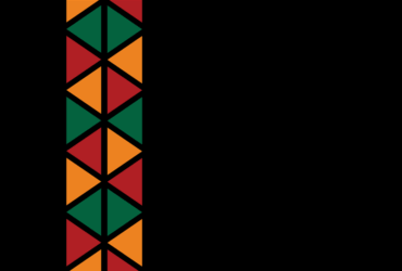 Black background with green, yellow and red triangles arranged in a mosaic line.