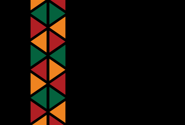 Black background with green, yellow and red triangles arranged in a mosaic line.