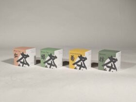 Four tea boxes displayed in a white setting. "Cha" by Sammy Feng was selected as the 2025 Purchase Prize winner.