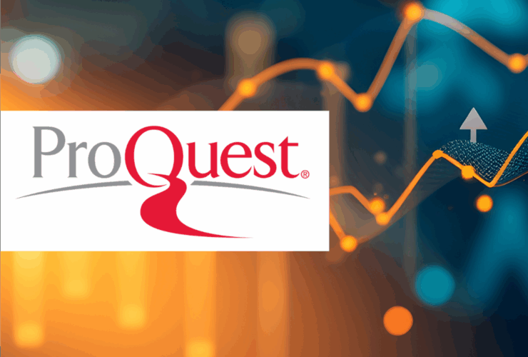 Illustration of statistic charts using line and bar graphs. Overlay of ProQuest Logo