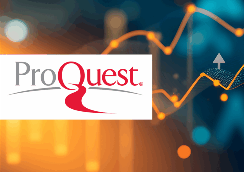 Illustration of statistic charts using line and bar graphs. Overlay of ProQuest Logo