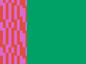 Decorative image. Green background with dark and light pink design band on the side.