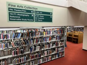Image of the Fine Arts Collection as you enter down the stairs from the North Reading Room. Photo features a wayfinding sign, bookshelves, and working desks.