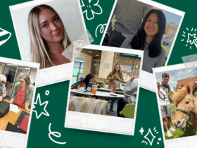 Polaroid photo collage of various library photos. Three photos of Annaliese Santoro, Lauren Lunshof, and Ashley Maurad are featured in the middle