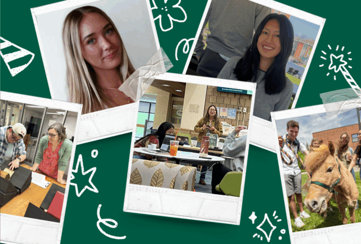 Polaroid photo collage of various library photos. Three photos of Annaliese Santoro, Lauren Lunshof, and Ashley Maurad are featured in the middle