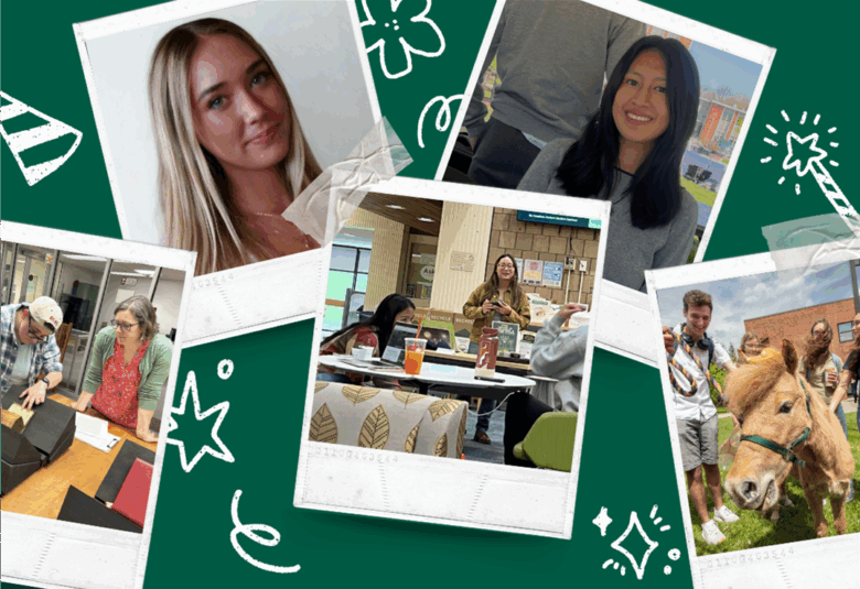 Polaroid photo collage of various library photos. Three photos of Annaliese Santoro, Lauren Lunshof, and Ashley Maurad are featured in the middle