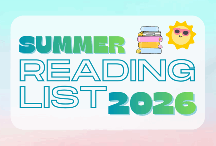 illustration of books with seashells and a sun with sunglasses. Text reads: Summer Reading List 2026