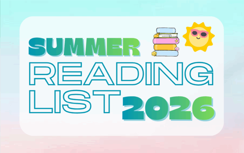 illustration of books with seashells and a sun with sunglasses. Text reads: Summer Reading List 2026