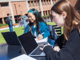 Students sitting outside Bartle Library studying on laptops.