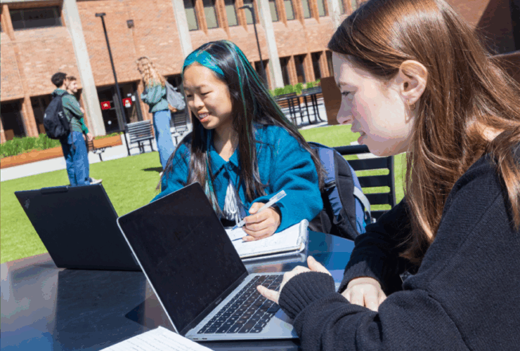 Students sitting outside Bartle Library studying on laptops.
