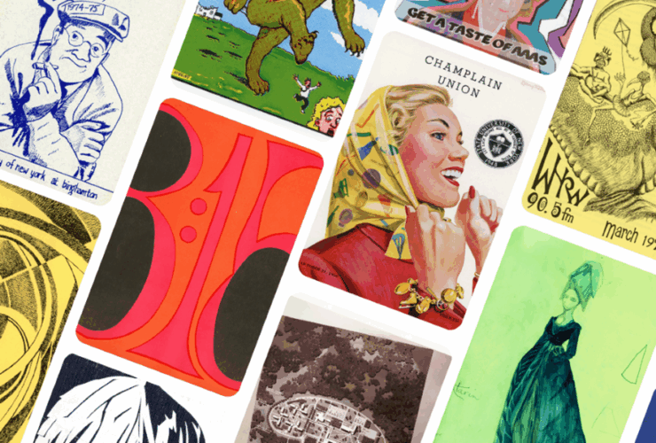 photo collage of various art prints on display in the new Archives Exhibit
