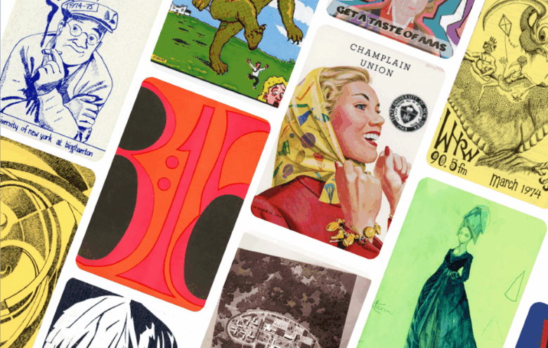 photo collage of various art prints on display in the new Archives Exhibit