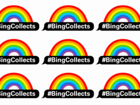 A repeated pattern of a text message speech bubble with #BingCollects written in it with a rainbow illustration arching on top.
