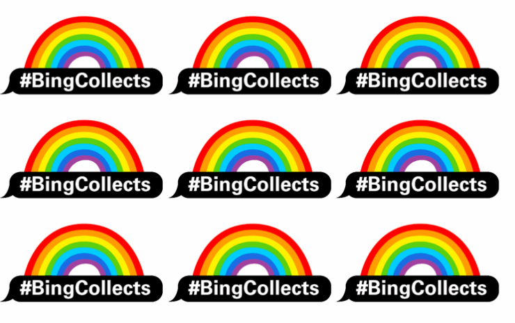 A repeated pattern of a text message speech bubble with #BingCollects written in it with a rainbow illustration arching on top.