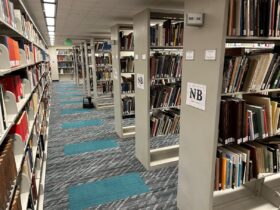Bookshelves with the newly installed carpet in Bartle Library North first floor.
