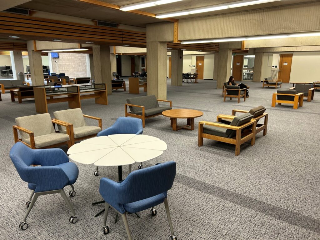 Science Library with newly installed carpet and various seating arrangements.