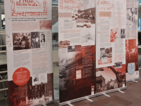 Photo of "Urban Renewal in New York State" Pop-up exhibit panels on display in the UDC Library.