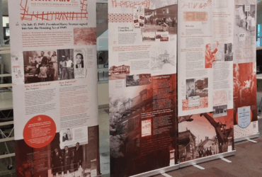 Photo of "Urban Renewal in New York State" Pop-up exhibit panels on display in the UDC Library.