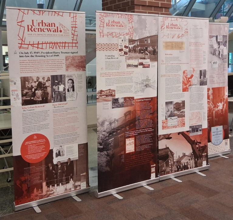 Photo of "Urban Renewal in New York State" Pop-up exhibit panels on display in the UDC Library.
