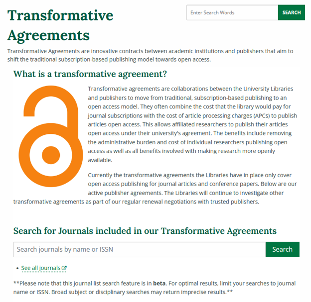 Screenshot of the Transformative Agreements LibGuide featuring a search bar to search for "Journals included in our Transformative Agreements."